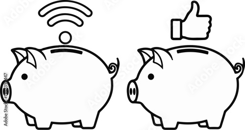 Two piggy banks, one with a WiFi symbol, the other with a thumbs up icon