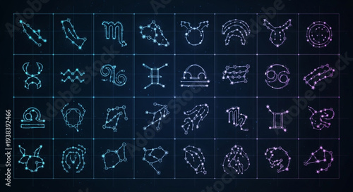 Collection of Zodiac Constellations and Symbols on Dark Grid Background.
