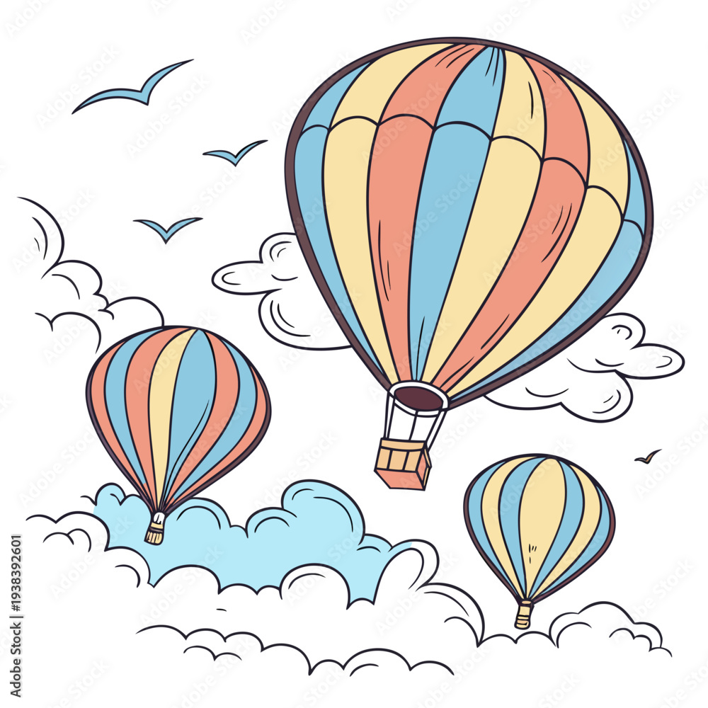 Obraz premium Colorful hot air balloons floating over a picturesque landscape with birds Vector