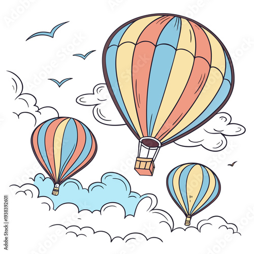 Colorful hot air balloons floating over a picturesque landscape with birds Vector