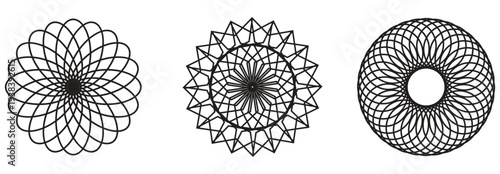 Geometric floral mandala designs vector set black white intricate line art patterns for coloring meditation