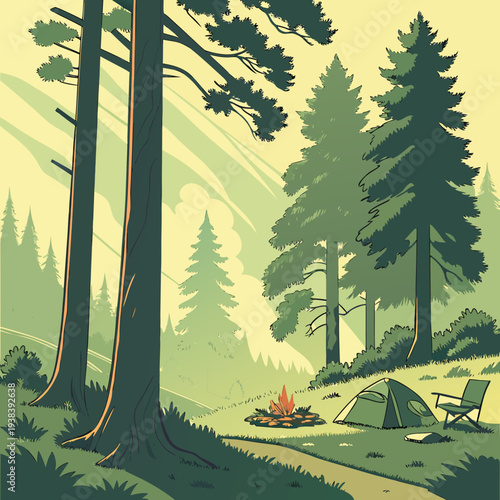 A serene campsite nestled in a lush, sun-dappled forest with towering pine trees Vector