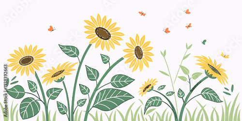 A vibrant field of sunflowers with bees and butterflies in a natural setting Vector