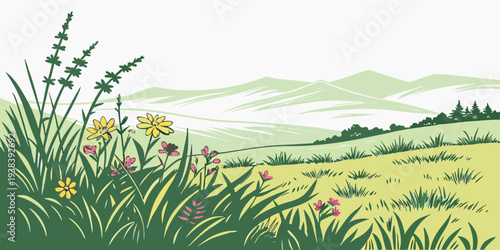 A serene landscape of tall grass swaying in the gentle breeze under a blue sky Vector