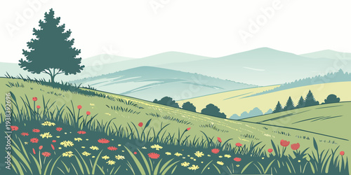 A picturesque landscape of rolling hills covered in vibrant wildflowers under a clear blue sky Vector