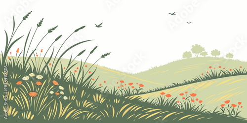 A picturesque landscape of a rolling green hill with a clear blue sky and scattered clouds. Vector