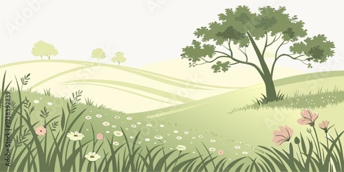 A serene landscape featuring a solitary tree on a grassy hillside Vector