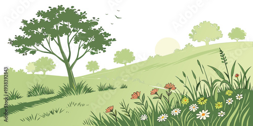 A serene landscape with a single tree on a rolling green hillside Vector