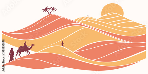 A picturesque landscape of rolling hills with a group of people walking along a path. Vector