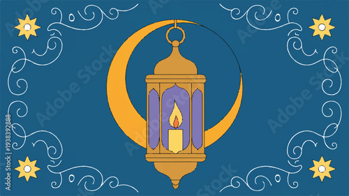 Ramadan lantern on crescent moon with stars and swirls on blue background