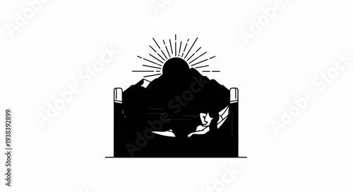Silhouette of person relaxing in hammock against mountain sunrise scene