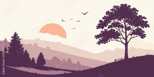 A serene sunset landscape with a lone tree and distant mountains Vector