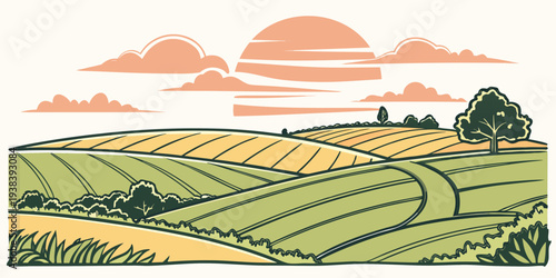 A picturesque landscape of rolling hills and a vibrant sunset Vector