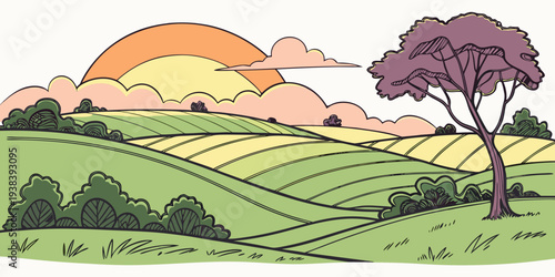 A serene landscape with a sunset over rolling hills and scattered trees Vector