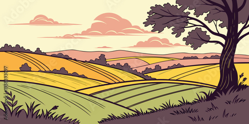 A picturesque countryside landscape with rolling hills and a vibrant sunset Vector