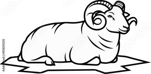 Stylized outline drawing of a ram resting on a jagged shape