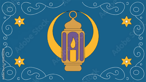 Ramadan lantern with crescent moon and stars on blue background with swirling white lines