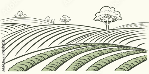 A serene landscape with a solitary tree on a hill overlooking vast farmland Vector