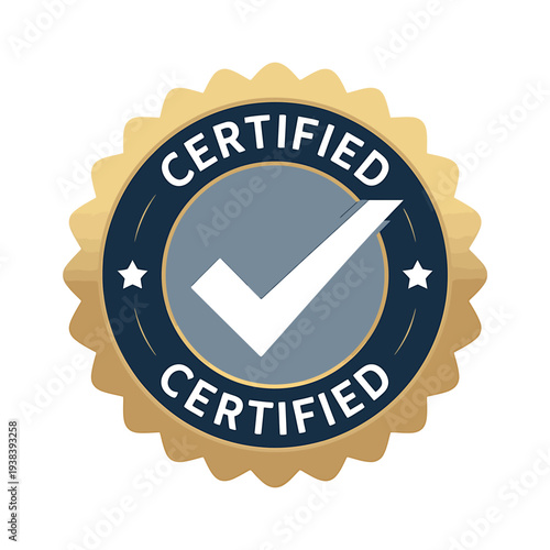 Certified seal with checkmark and stars on gold badge  verification symbol