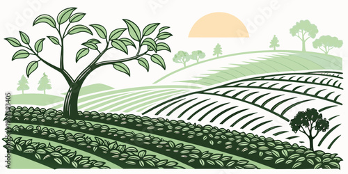 A serene landscape featuring a vast agricultural field with a clear blue sky and distant trees Vector