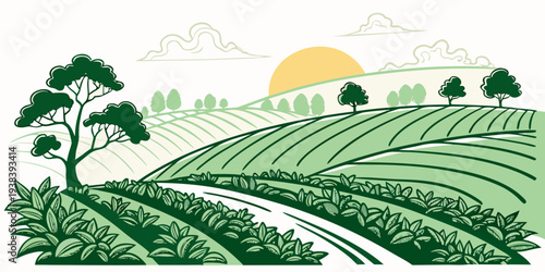 A serene landscape of rolling hills and lush greenery under a bright sunrise Vector