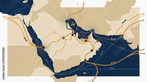 Vector map of Arabian Gulf region illustrating oil exports infrastructure and flow through the strategic waterways and surrounding areas
