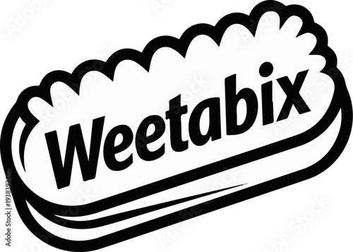 A black and white graphic of a breakfast cereal biscuit with the brand name