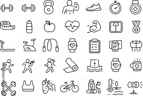 Fitness and Gym Line Icons Set – Workout, Health and Training Symbols. Linear icon collection. Editable stroke. Vector illustration