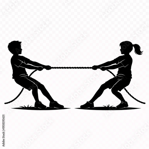 Kids Tug of War Silhouette Vector Two Children Pulling Rope Game Isolated on Transparent Background