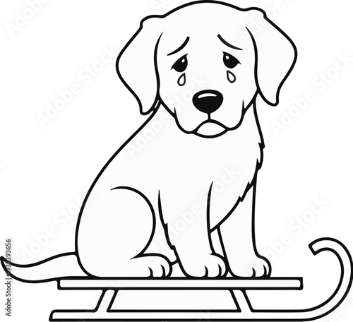 A sad, teary-eyed puppy sits dejectedly on a simple wooden sled