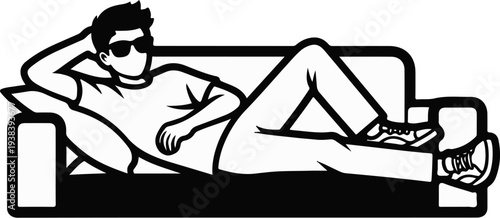 A person in sunglasses reclines on a couch, relaxing with one arm behind their head