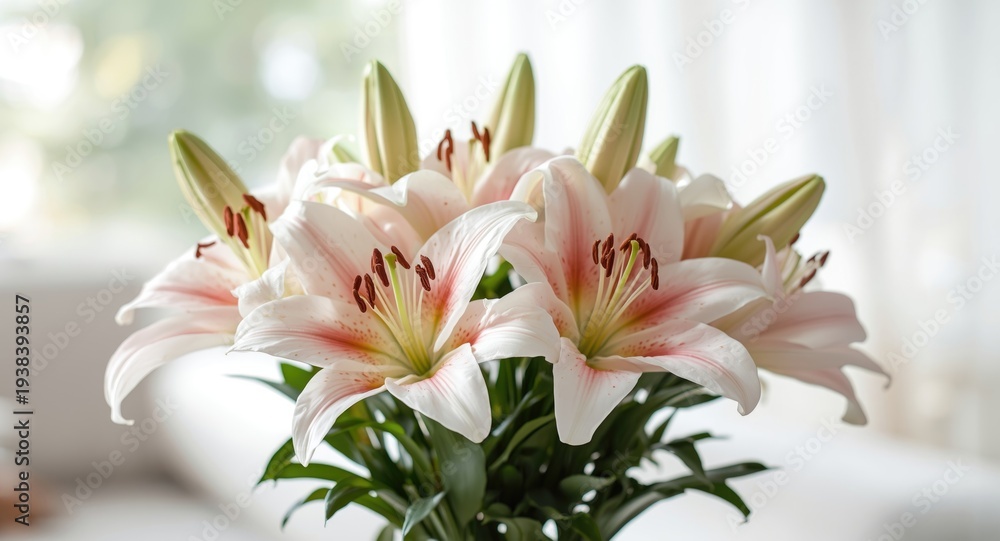 Fototapeta premium Bouquet of soft white and pink lilies artistically set in a bright interior with subtle blurred background and blank copy space