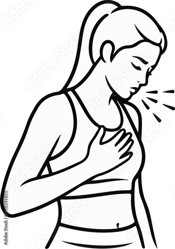 Young woman with hand on chest, coughing or sneezing, exuding droplets