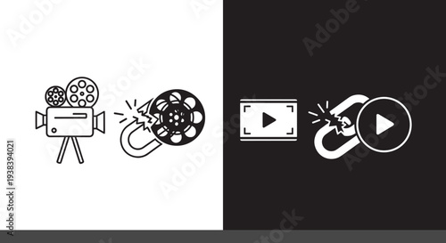 Video production and play media icons, film camera reel streaming content creation multimedia entertainment concept vector illustration design