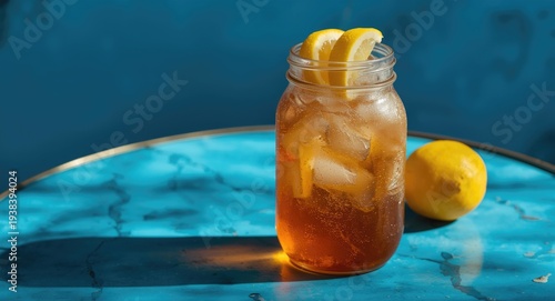Blue table displaying a gla...
