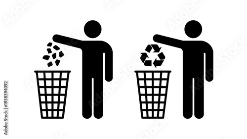 Two stick figures throwing trash and recyclables into bins correctly  recycling concept