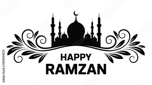 Ramzan Mubarak greeting card with mosque silhouette and floral design