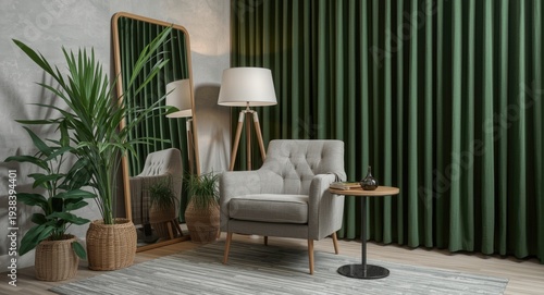 Cozy grey armchair setup wi...