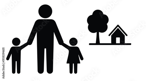 Father with two children holding hands next to a house and tree symbol