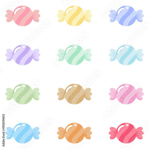 Set of Colorful Pastel Candy Sweets Illustration, Wrapped Hard Candy Vectors