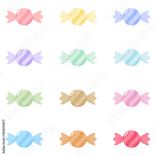 Colorful Sweet Candy Wrapped in Pastel Plastic Vector Set