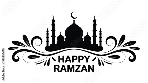 Ramzan Mubarak greeting card with mosque silhouette and floral design