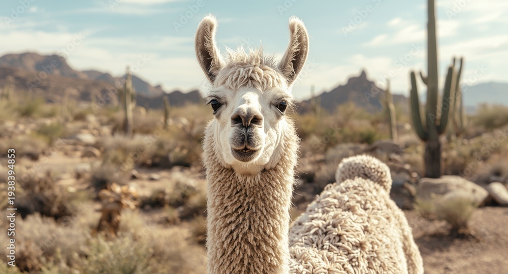 Naklejka premium Desert scene with a smiling llama and cactus plants in a coloring book style