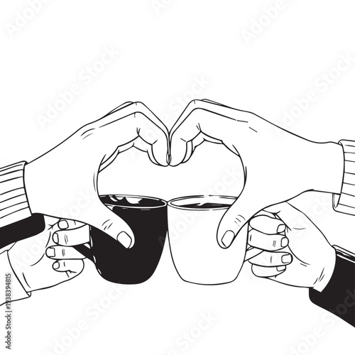 Group of hands forming a heart around coffee mugs symbolizing shared moment.