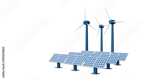 Fotografi 3D illustration of solar panels and wind turbines representing renewable energy production, clean electricity and sustainable power concept, isolated background with minimal design