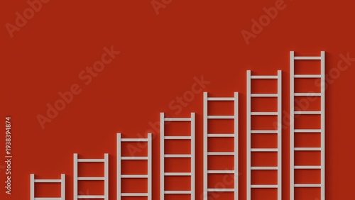 White ladders leaning against red wall. Career, opportunity or goal concept. Leadership and achieving goals before others. 3d illustration.