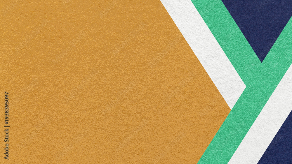 Fototapeta premium Mustard textured paper background with white, emerald green, blue geometric lines, copy space for banner presentation