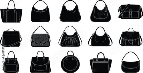 Women fashion handbags and purses silhouette set, elegant shoulder bags, tote, clutch, satchel, and crossbody styles, vector illustration for retail