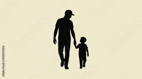 Silhouette of father and child walking hand in hand on light background