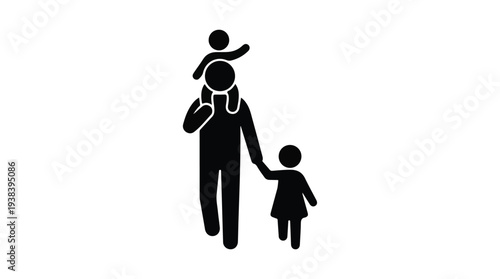 Stick figure father walking with two children, family icon